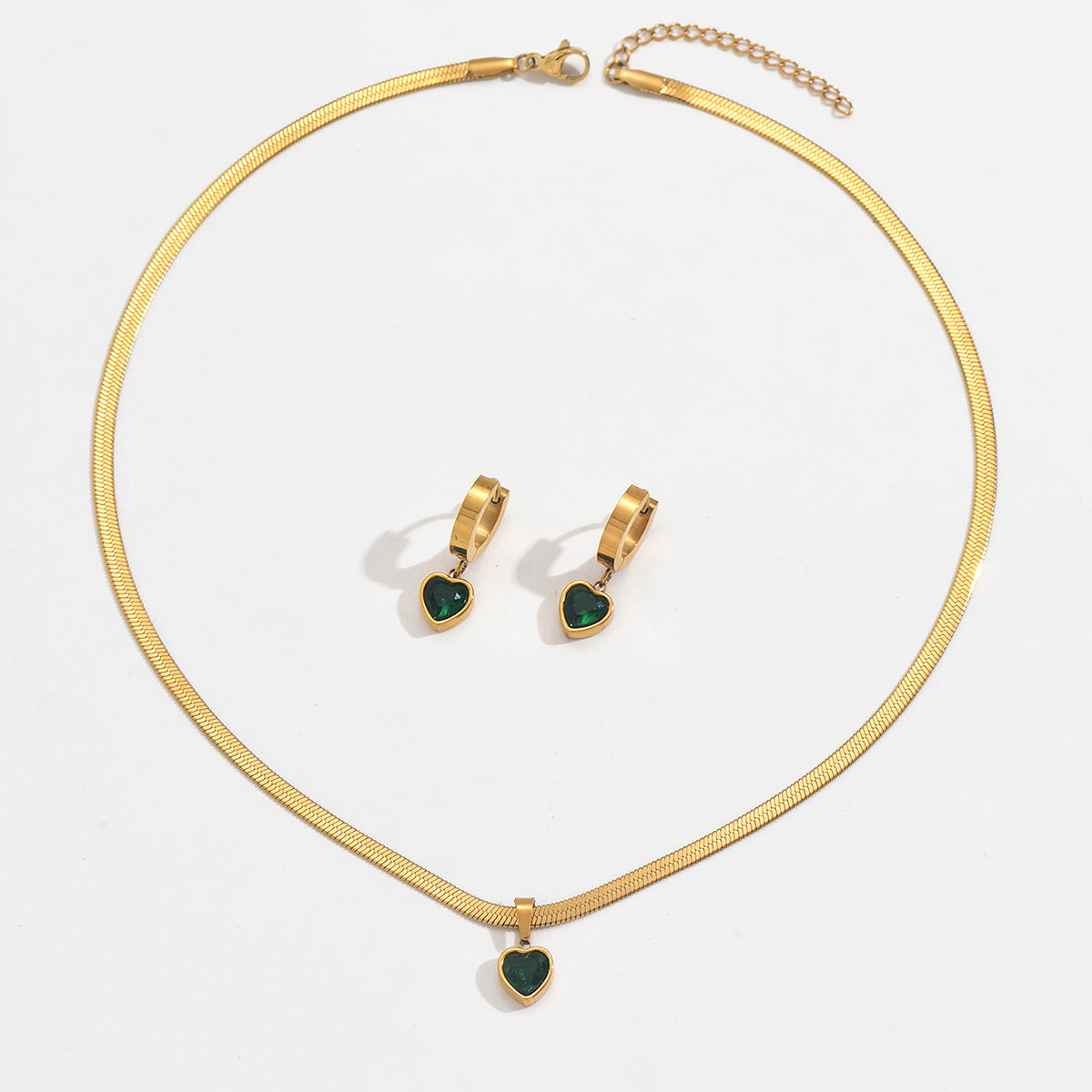 Lxalry 18K Gold Plated Green Heart Jewelry Set