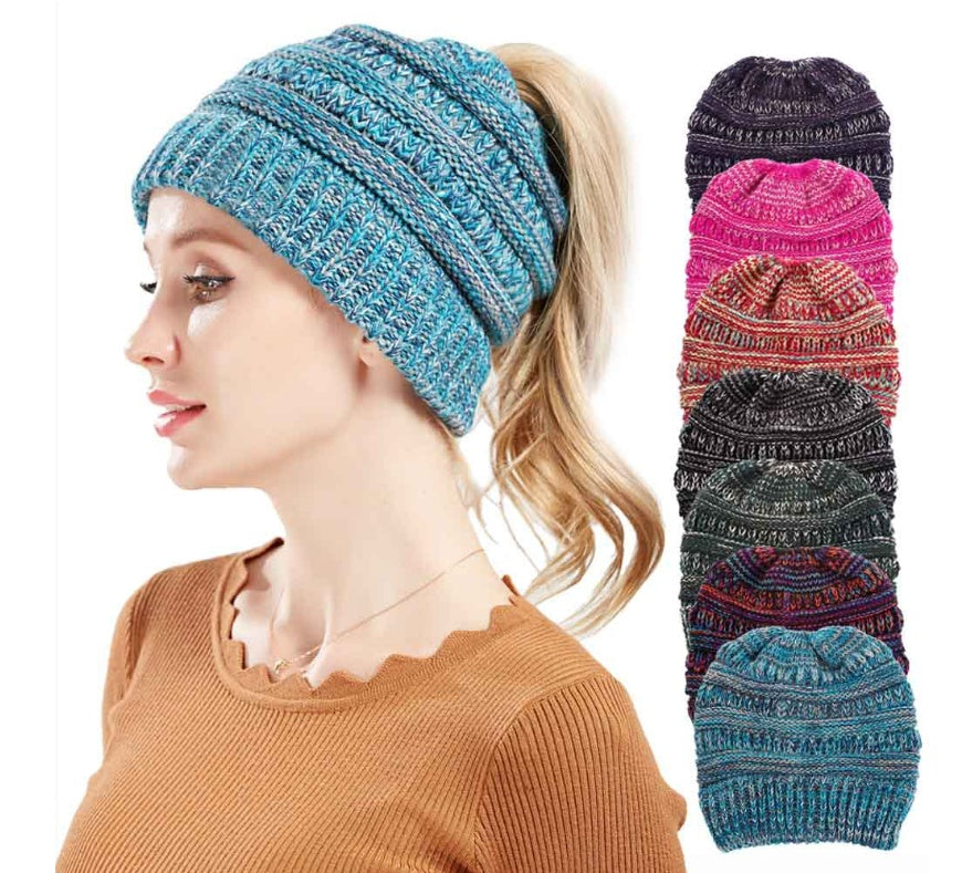 Mixed Color Knitted Ponytail Hat