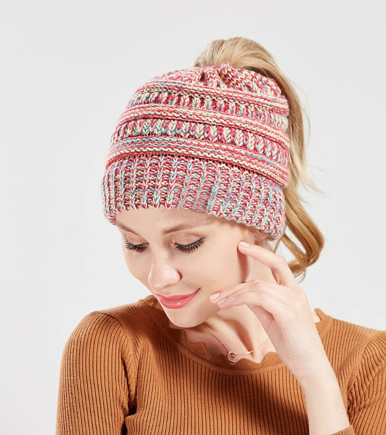Mixed Color Knitted Ponytail Hat