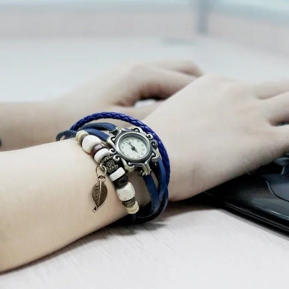 Bohemian Leather Leaf Watch (Blue) - Zenoora