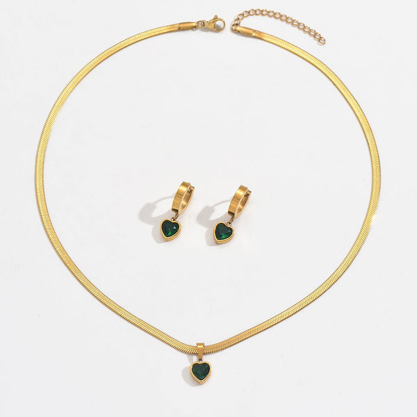 Lxalry 18K Gold Plated Green Heart Jewelry Set - Zenoora