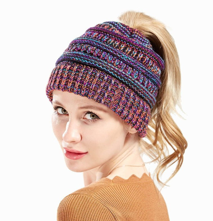 Mixed Color Knitted Ponytail Hat - Zenoora